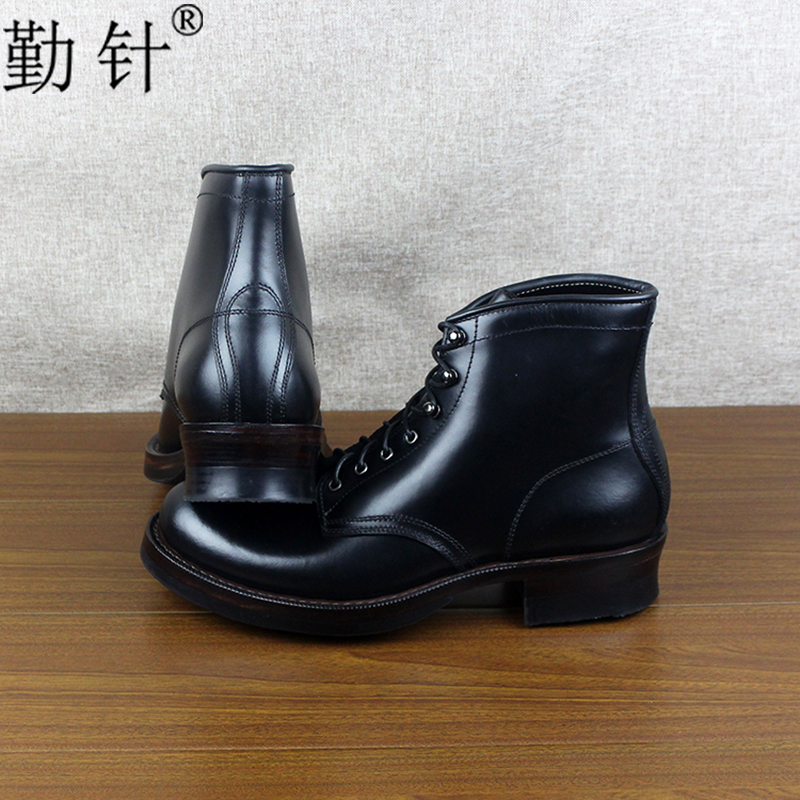 勤针手工鞋固特异植鞣皮工装靴圆头皮靴牛仔靴男士机车男靴
