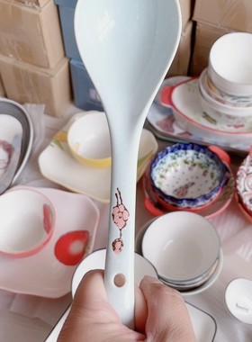 陶瓷釉下彩汤勺饭勺调羹时尚简约蓝色大勺早餐餐具家用加厚高颜值