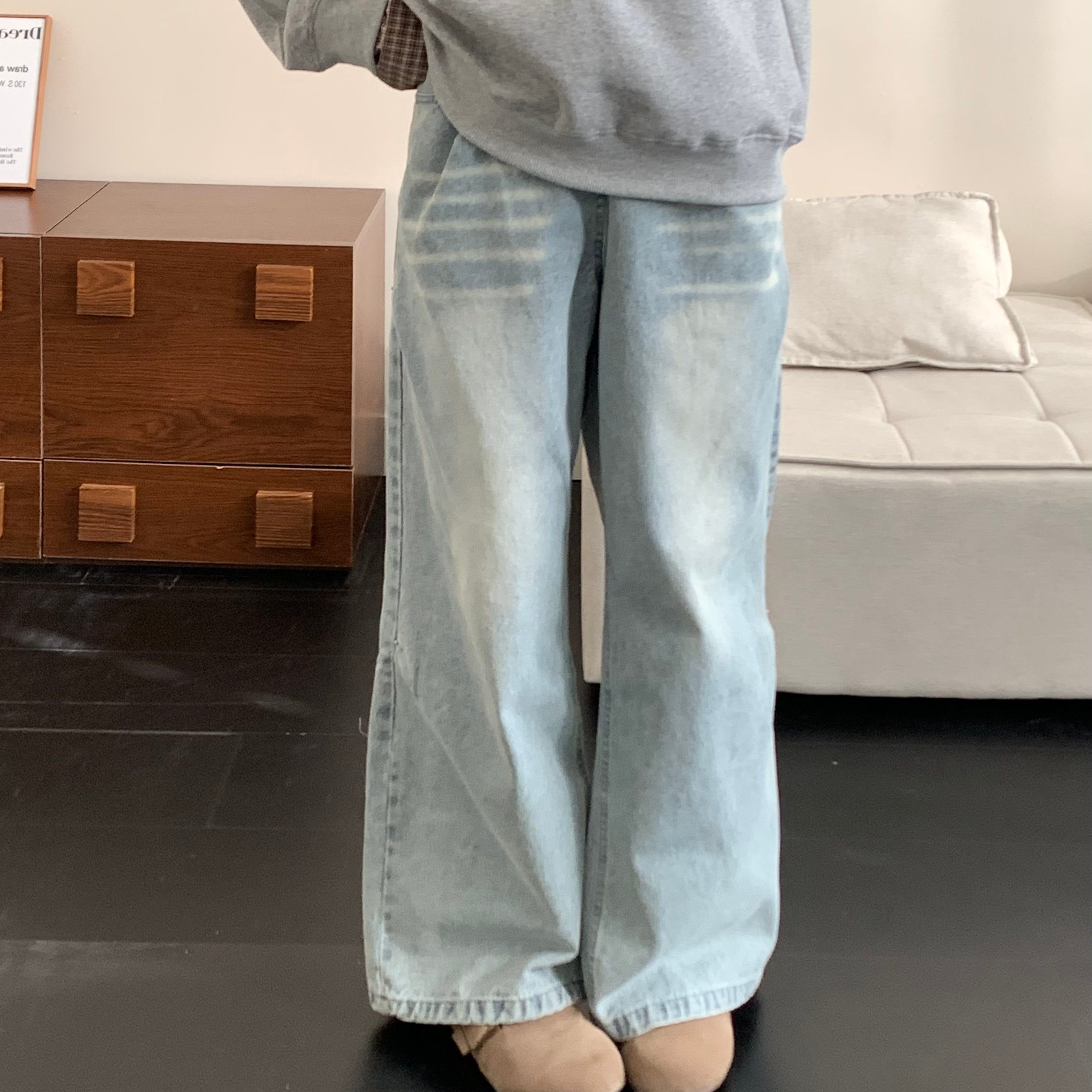 2026春季新款复古水洗蓝色阔腿牛仔裤男女款宽松显瘦休闲直筒长裤