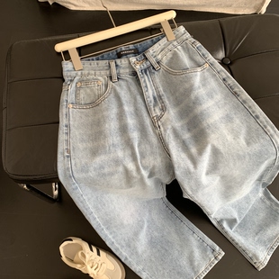 2026春季纯棉水洗复古高腰直筒浅蓝牛仔裤男女款百搭阔腿宽松长裤