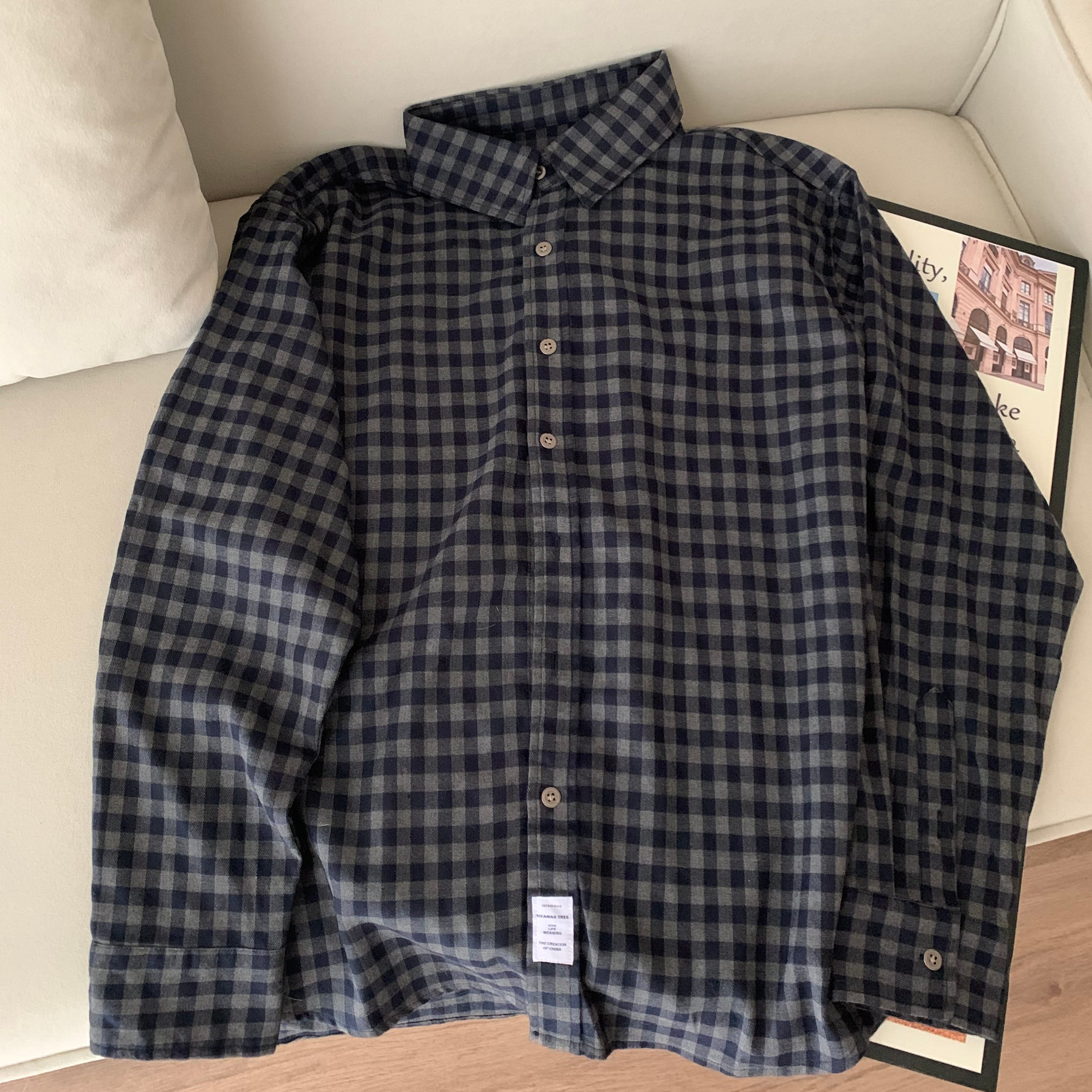 日系复古纯棉廓形慵懒风宽松无性别格纹格子长袖衬衫男女衬衣外套