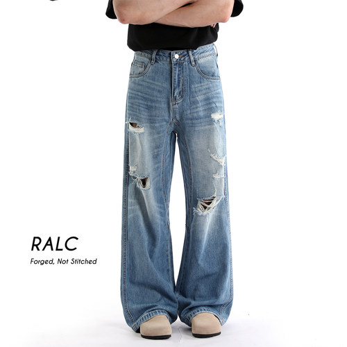 RALC复古水洗破洞阔腿牛仔裤男