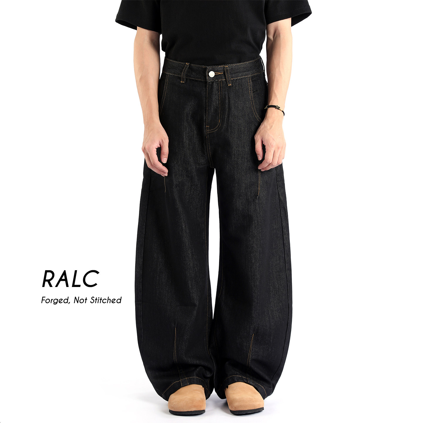 RALC 美式复古阔腿弯刀牛仔裤男女宽松黑色长裤街头风休闲裤
