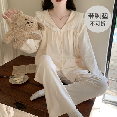 秋冬季新款睡衣女德绒压花甜美长袖长裤自带胸垫可外穿家居服套装