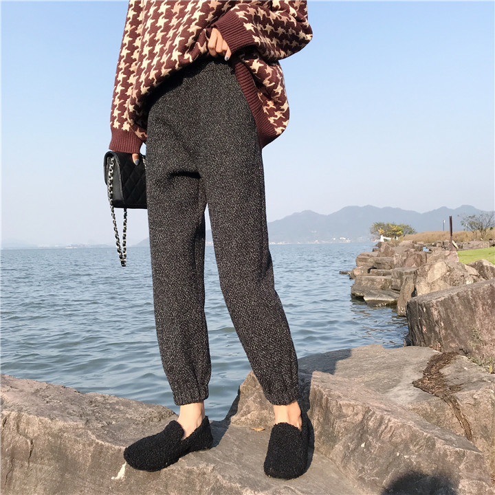 好版型修腿显瘦休闲毛呢收口裤小香风小脚九分裤子宽松秋冬加厚潮