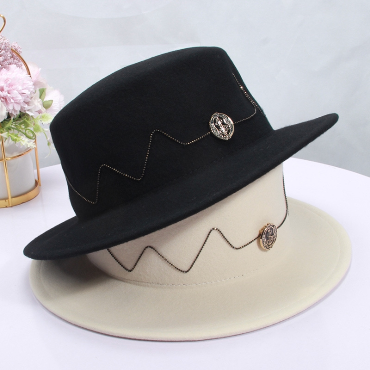网红同款秋冬黑色羊毛呢名媛白色平顶礼帽女英伦复古时尚赫本帽子