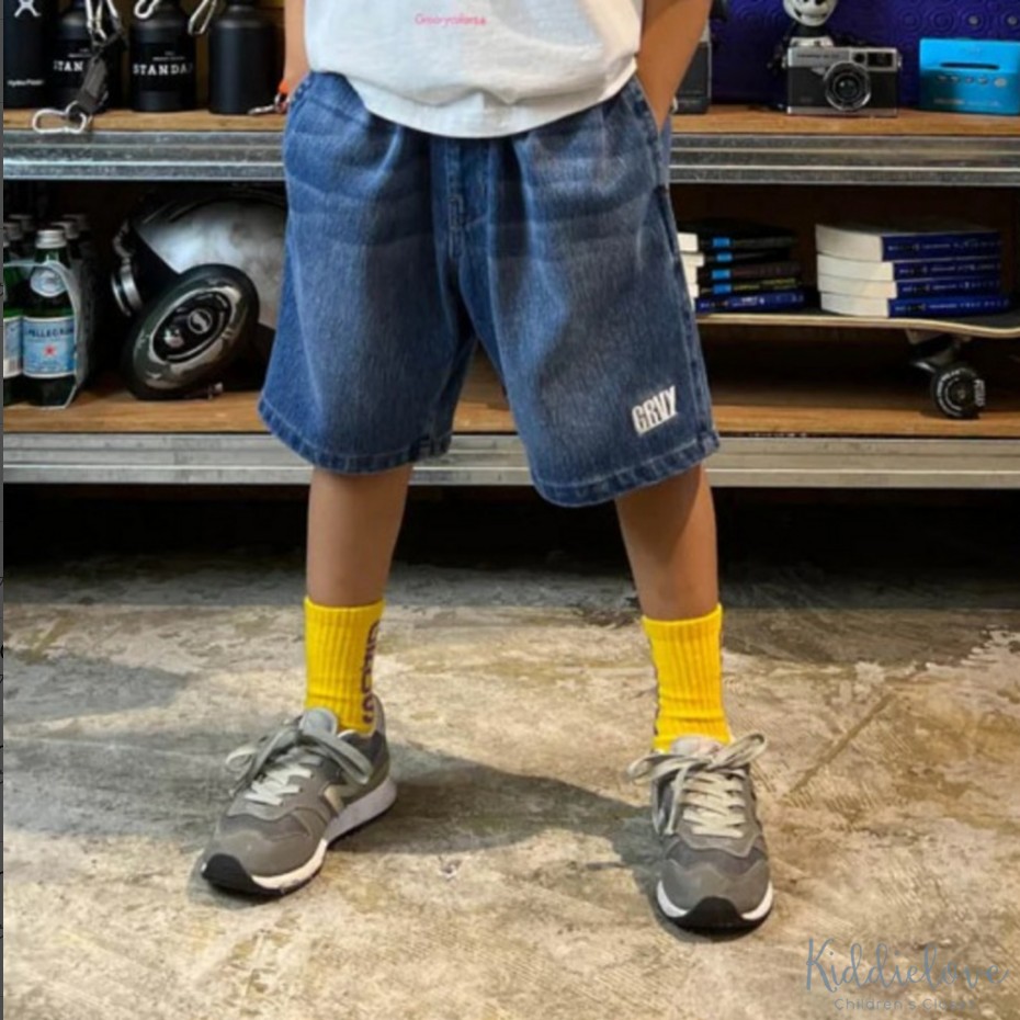 棉丹宁褶皱腰宽松牛仔五分短裤