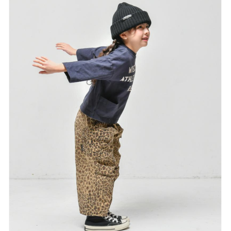 Kiddielove 日本代购 童装 NEWO 纯棉全印花褶皱膝盖阔腿工装长裤