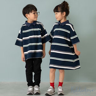 Kiddielove 日本代购 童装 petitmain 亲子款纯棉条纹翻领短袖T恤