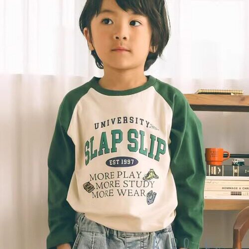 纯棉有趣字母配色插肩长袖T恤