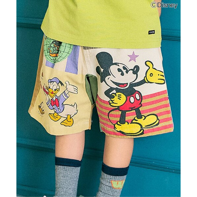 纯棉米奇图案拼接阔腿休闲五分裤