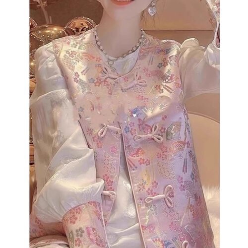 新中式中国风拼接刺绣盘扣衬衫女2025春季新款唐装马甲衬衣两件套