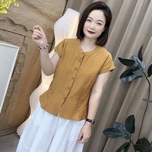 鱼尾边新款薄款小衫圆领纽扣遮肚腩短上衣女夏季新款凉快衬衫