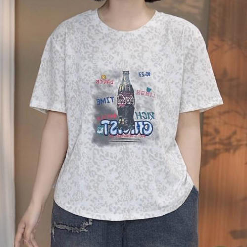 夏季新款女士宽松显瘦大码短袖T恤扎染饮料瓶印花圆领上衣妈妈装