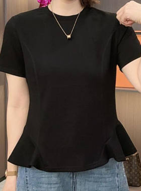 夏季新款荷叶下摆果冻棉女士圆领短袖T恤纯色减龄修身时尚款小衫