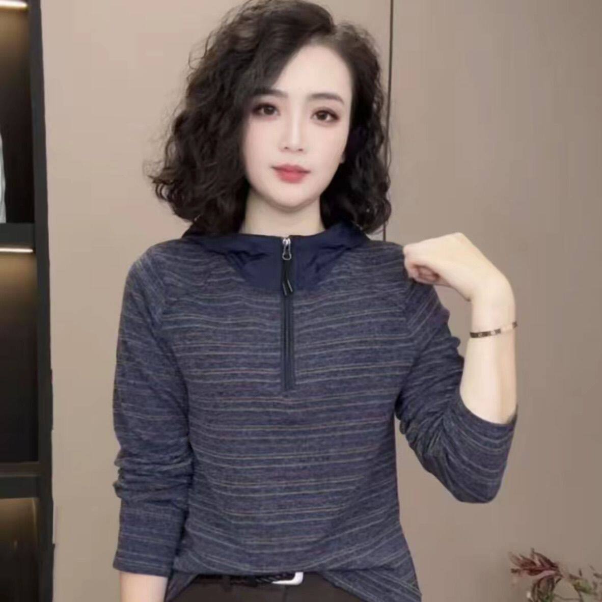 美式简约条纹拼接半拉链连帽长袖T恤女2026秋季新款撞色百搭帽衫