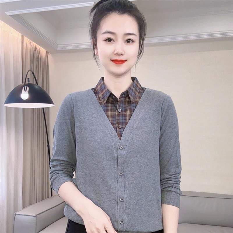 女士秋季新款时尚衬衫领格子假两件拼接设计长袖T恤休闲百搭上衣