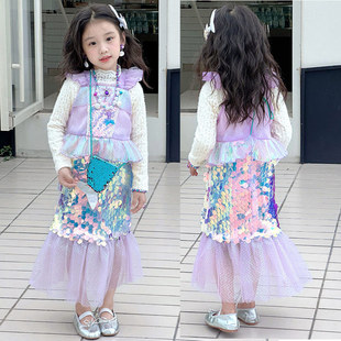 美人鱼亮片裙子 女孩2024新秋冬cos儿童鱼尾公主裙女童连衣裙套装