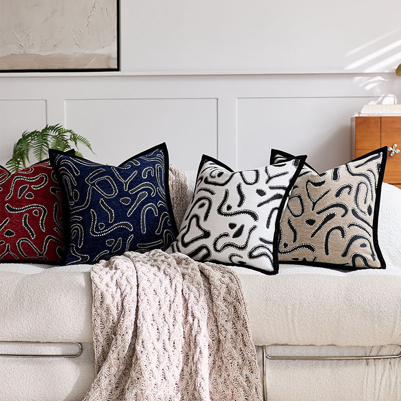 现代简约轻奢雪尼尔提花蓝色红色靠垫抱枕套样板间高端靠枕含芯