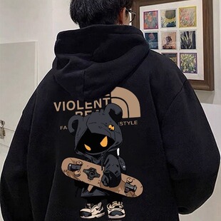 美式复古潮牌痞帅高街重磅连帽加绒卫衣男秋冬青少年学生宽松外套