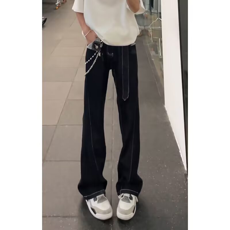 美式高街vibe微喇ro飘带无弹修身设计感黑色牛仔裤男女款长裤子潮