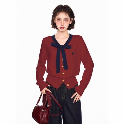 新年红色v领蝴蝶结短款毛衣女秋冬修身内搭打底针织开衫外套上衣