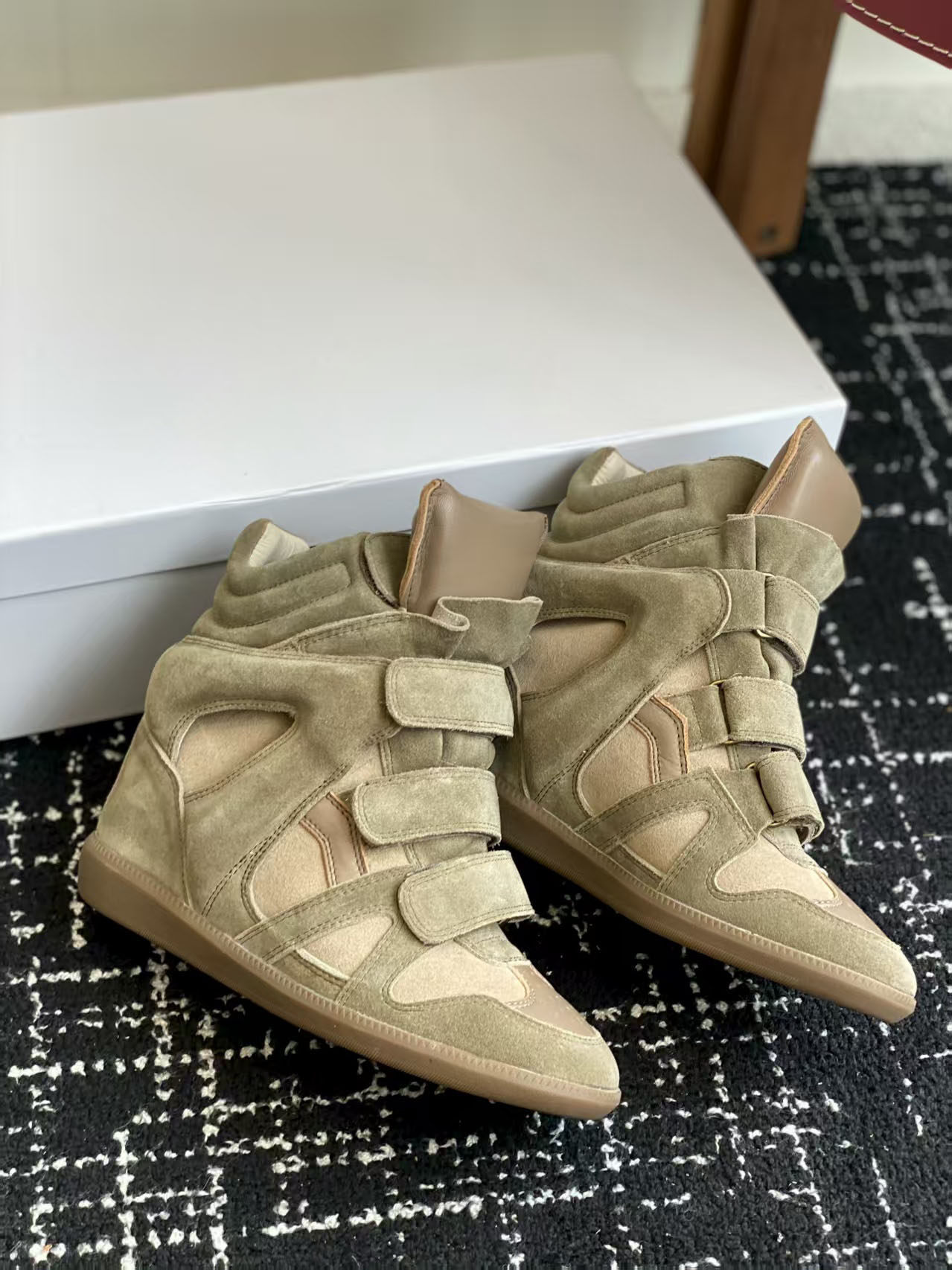 thumbnail for Top version 2025 new suede color-blocked high-top shoes women's invisible inward heightened wedge Velcro casual shoes short boots