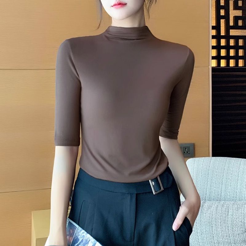 中袖t恤半高领打底衫女士夏季7分袖内搭冰丝薄款弹力半袖上衣潮