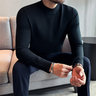 中领黑色打底衫 弹力针织衫 加厚内搭修身 高级感半高领毛衣男秋冬款