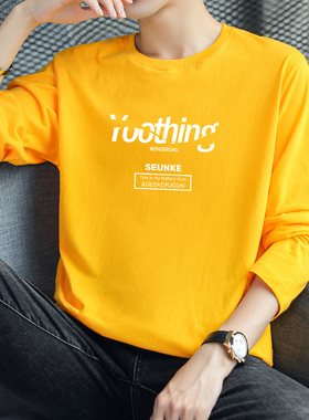 长袖t恤男ins宽松黄色圆领上衣服潮流内搭打底衫秋装秋衣