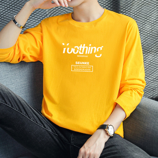 长袖t恤男ins宽松黄色圆领上衣服潮流内搭打底衫秋装秋衣