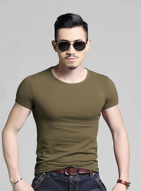 军绿夏季棉男士短袖t恤绿色半袖紧身衣服修身夏装男装2025潮流