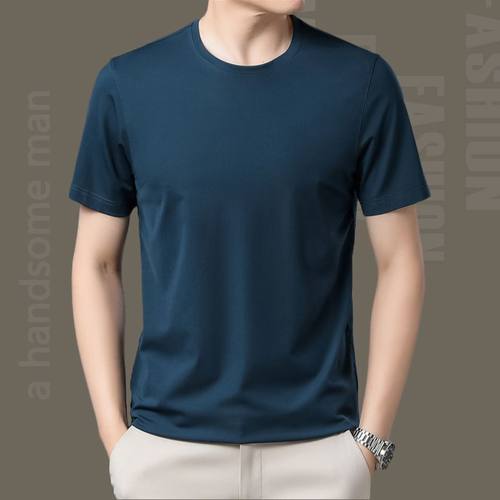 夏季圆领桑蚕冰丝短袖t恤男土冰丝滑料中老年人爸爸装纯色净版血