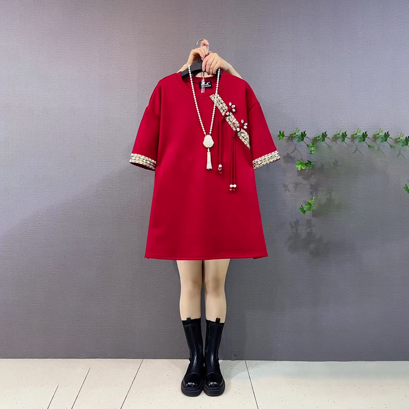 大码女装遮肉宽松上衣中长款短袖