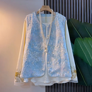 2026新款 春季 时尚 新中式 胖妹妹大码 洋气绣花马甲搭配提花大衫 女装