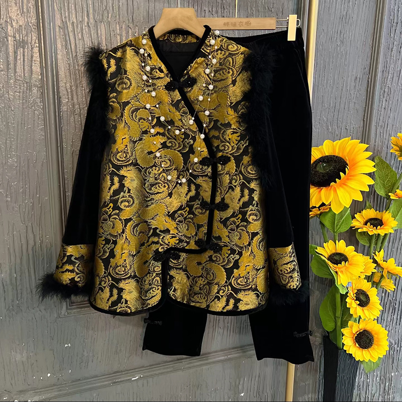 新中式高级感复古盘扣提花三件套