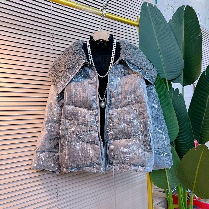 冬季大码女装亮片保暖棉服外套