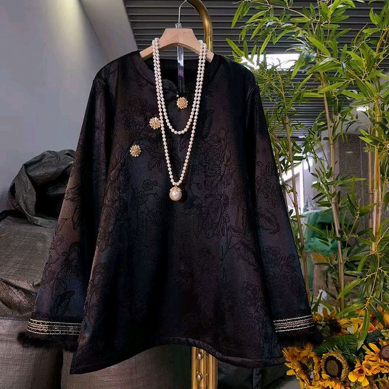 新中式国风提花加绒衫上衣大码冬