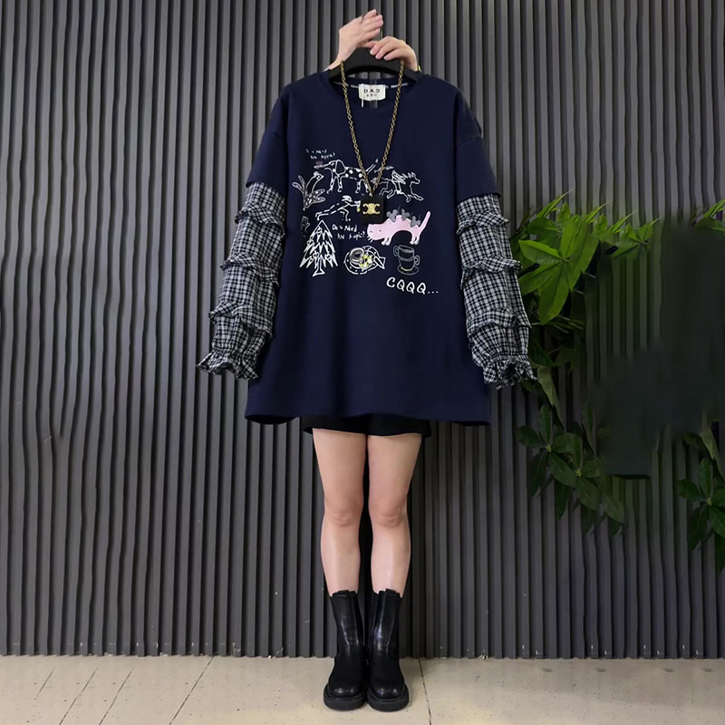 大码遮肉显瘦拼接格子衬衫上衣冬