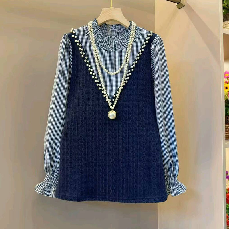 假两件衬衫拼接上衣钉珠针织小衫
