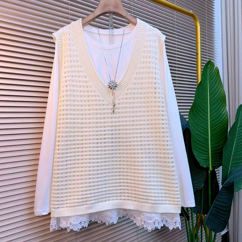 胖妹妹大码女装简约镂空套头针织马甲拼蕾丝打底衫套装2026新款潮,女装/女士精品,大码套装,淘宝优惠券,粉丝福利购,淘宝优惠卷