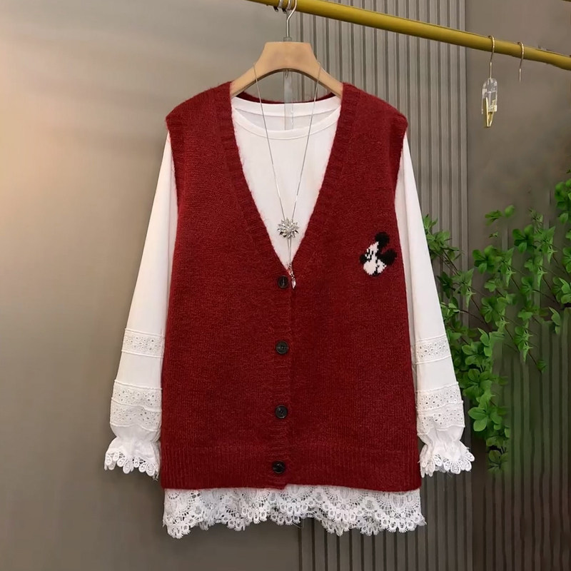 胖妹妹大码女装春季2026新款欧货时尚V领米奇套头针织马甲打底衫,女装/女士精品,大码内搭,淘宝优惠券,粉丝福利购,淘宝优惠卷