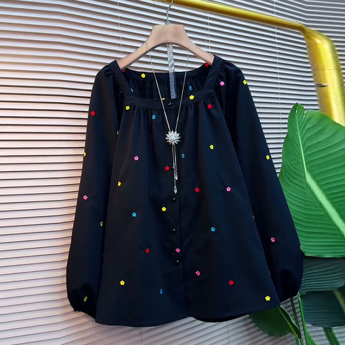 方领彩色小花大码女装灯笼袖上衣