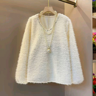 钉珠镶钻上衣时尚 胖MM显瘦长袖 大码 毛毛保暖衬衫 内搭 女装 2025新款