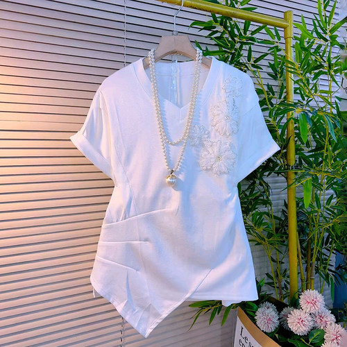 不等式立体花朵掐褶显瘦短袖衫