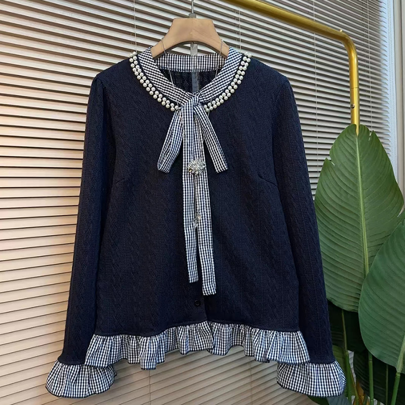 钉珠飘带拼接针织开衫