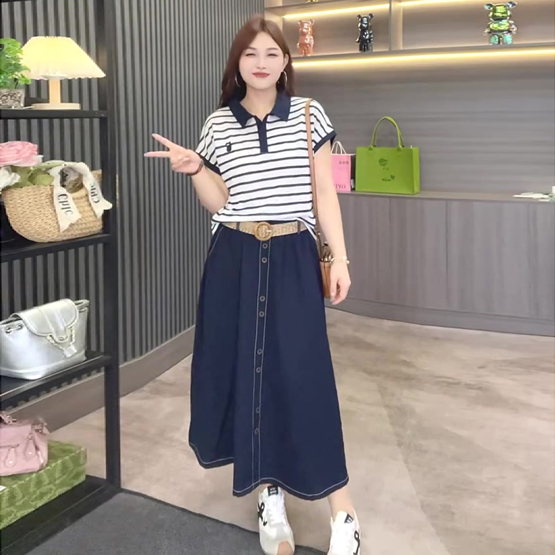 夏季新款条纹上衣搭配半身裙套装