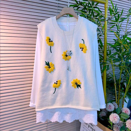 立体花朵针织马甲蕾丝花边衫