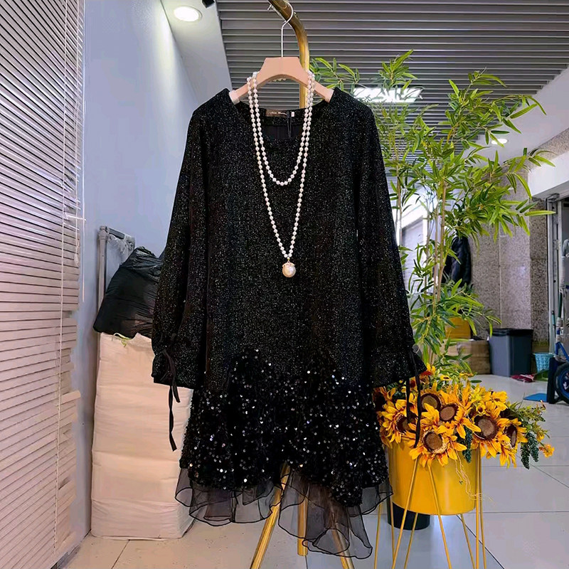 欧货爆款亮片拼接网纱T恤