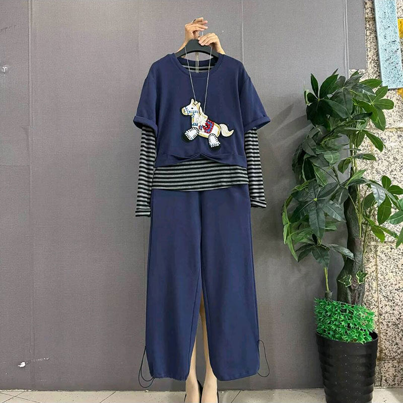 2026春季新款大码女装时尚条纹拼接假两件休闲上衣裤子显瘦两件套,女装/女士精品,大码套装,淘宝优惠券,粉丝福利购,淘宝优惠卷